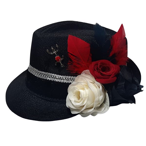 Chapéu Pomba Gira Preto Decorado Tricolor Umbanda