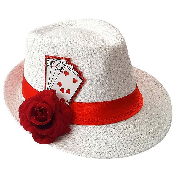 Chapeu Maria Navalha Malandra Branco com Rosa e Baralho Umbanda