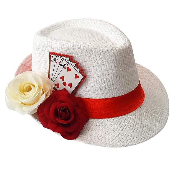 Chapeu Maria Navalha Malandra Branco com Rosas e Baralho Umbanda