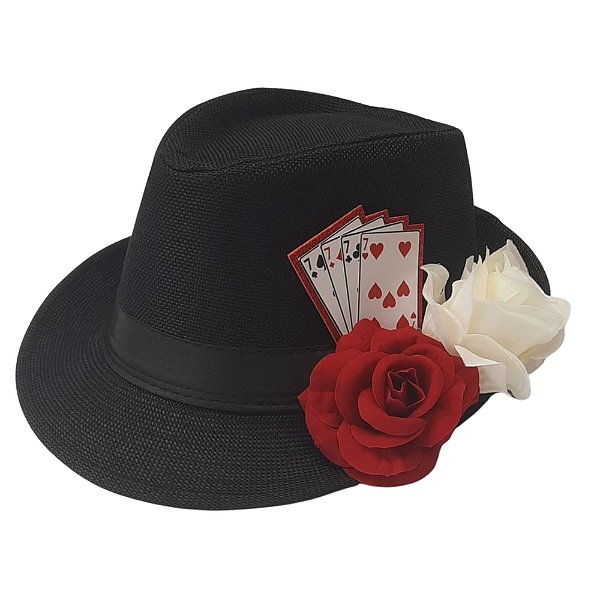 Chapeu Maria Navalha Malandra Preto com Rosas e Baralho Verm