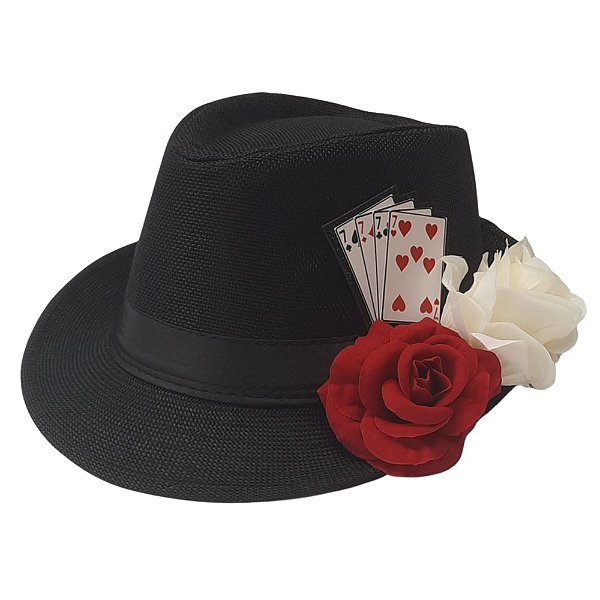 Chapeu Maria Navalha Malandra Preto com Rosas e Baralho Pret