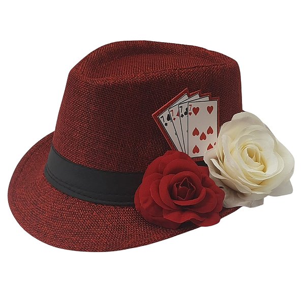 Chapeu Maria Navalha Malandra Vermelho com Rosas e Baralho V Umbanda
