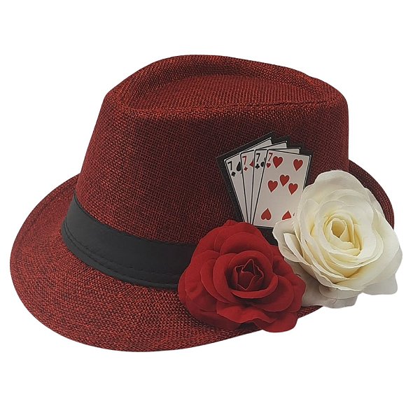 Chapeu Maria Navalha Malandra Vermelho com Rosas e Baralho P Umbanda
