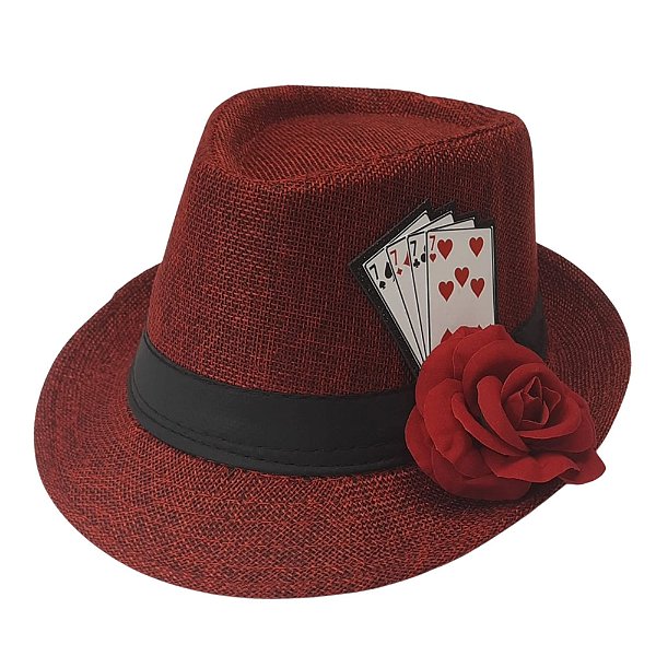 Chapeu Maria Navalha Malandra Vermelho com Rosa e Baralho Umbanda