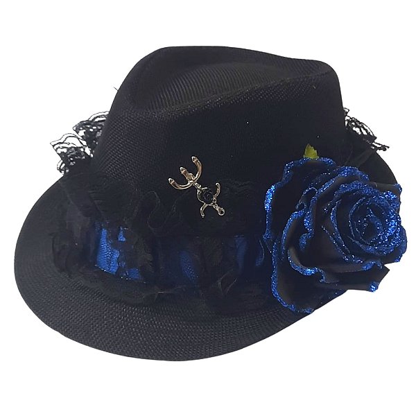 Chapéu Pomba Gira Preto Renda Preta Azul Brilhosa Umbanda