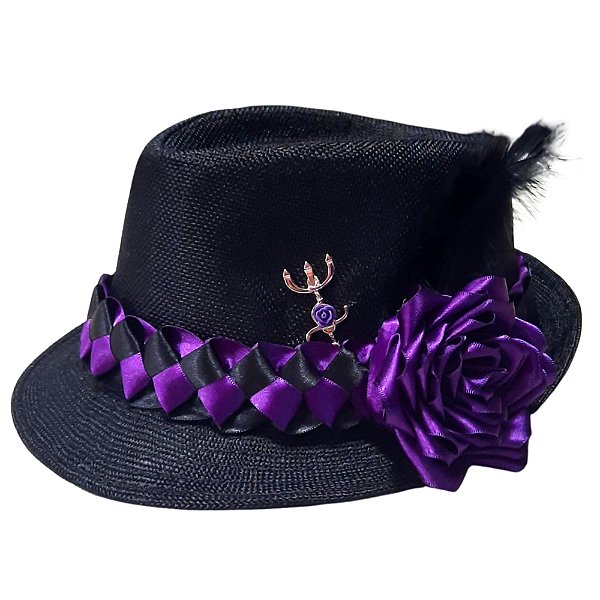 Chapeu Pomba Gira Roxo Fita Trançada Flor e Penas Umbanda