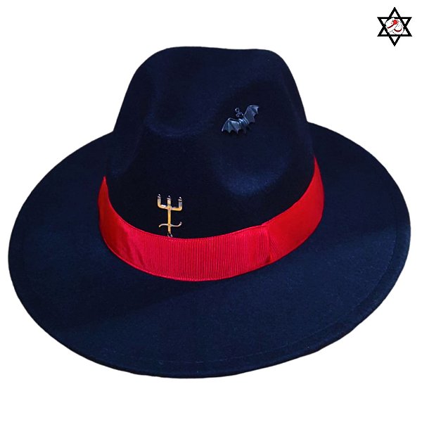Chapeu Exu Morcego Preto Faixa Vermelha Tridente Feltro