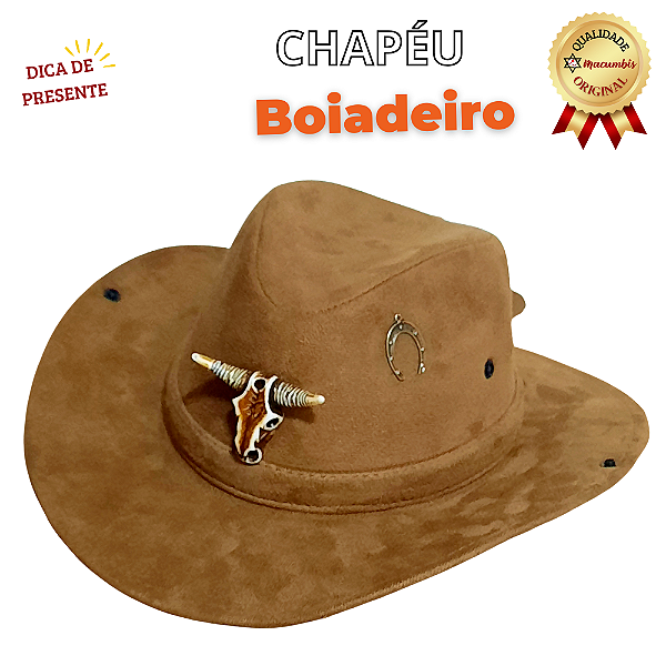Chapéu Boiadeiro Camurça Marrom Cabeça Boi e Ferradura Umbanda