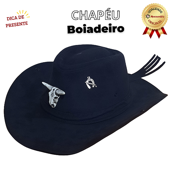 Chapéu Boiadeiro Camurça Preto Cabeça Boi e Ferradura Umbanda