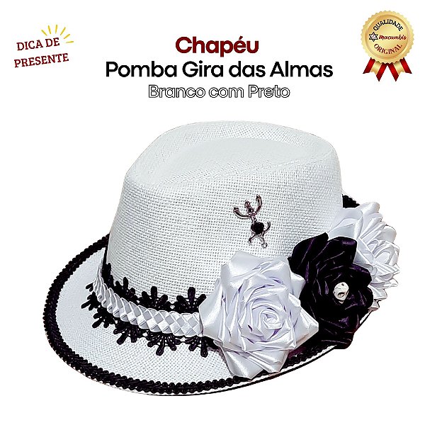 Chapeu Pomba Gira das Almas Branco Flores Tridente Caveira