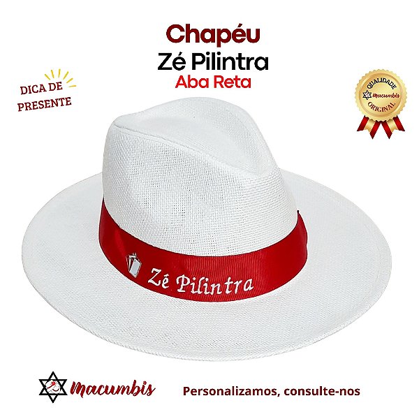 Chapeu Panama Aba Reta Branco Faixa Vermelha Bordado Zé Pilintra Umbanda