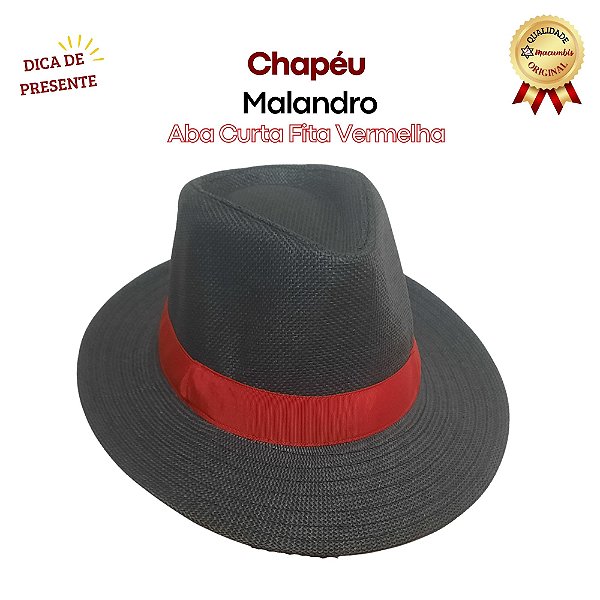 Chapeu Panamá Preto Faixa Vermelha Aba Curta Malandro