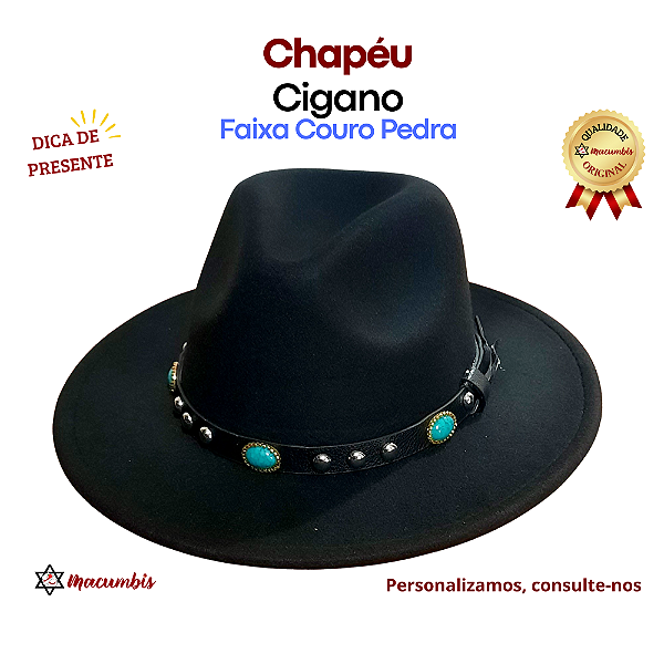 Chapeu Cigano Preto Feltro Faixa Couro e Pedra Umbanda