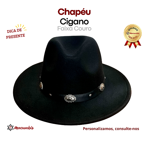 Chapeu Cigano Preto Feltro Faixa Couro Umbanda