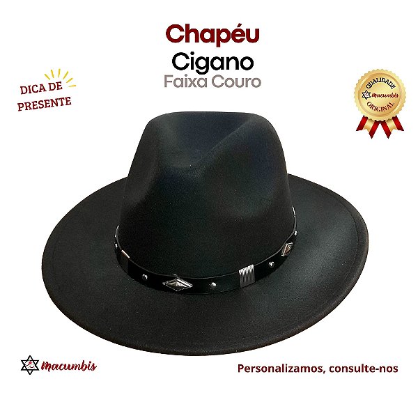 Chapeu Cigano Preto Feltro Faixa Couro Umbanda