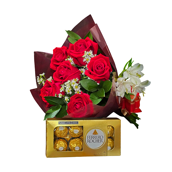 Kit Paredes - Buquê com 6 Rosas Nacionais e Chocolate Ferrero Rocher