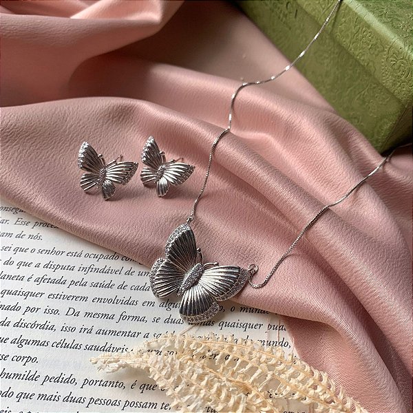 Conjunto Borboleta Cravejado - Colar e Brinco