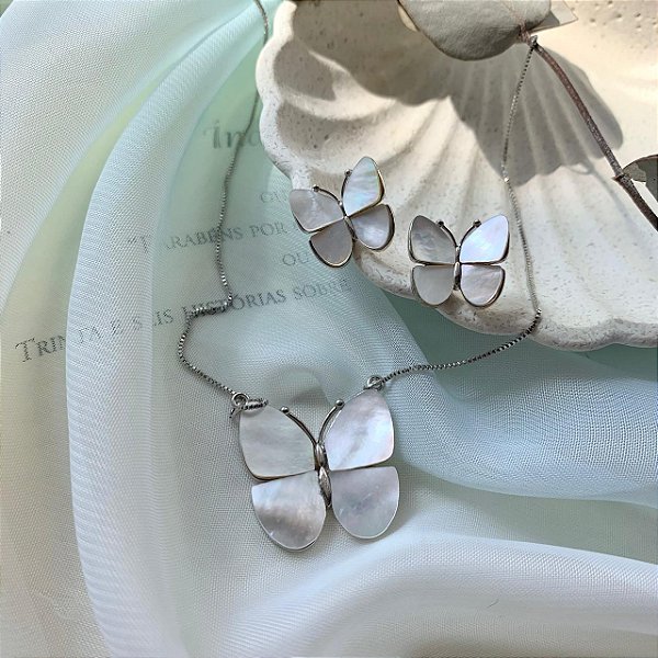 Conjunto Borboleta Madrepérola - Colar e Brinco