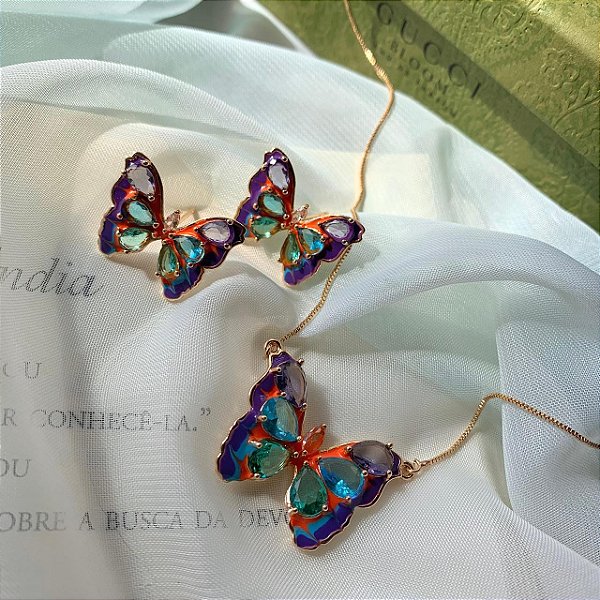 Conjunto Borboleta Esmaltada - Colar e Brinco
