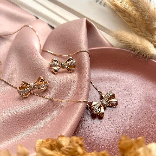 Conjunto Colar + Brinco Laço Cravejado