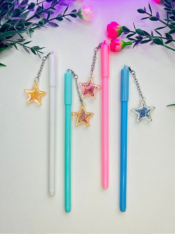 Caneta Decorada e fofa Estrela com Glitter e Pingente!
