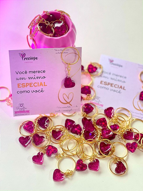 10 unidades - Card com chaveiro de coração resinado de luxo