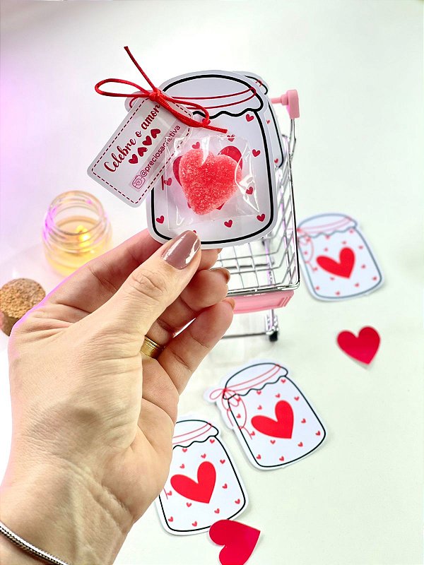 20 unidades - Mini Tag potinho do amor + jujuba coração