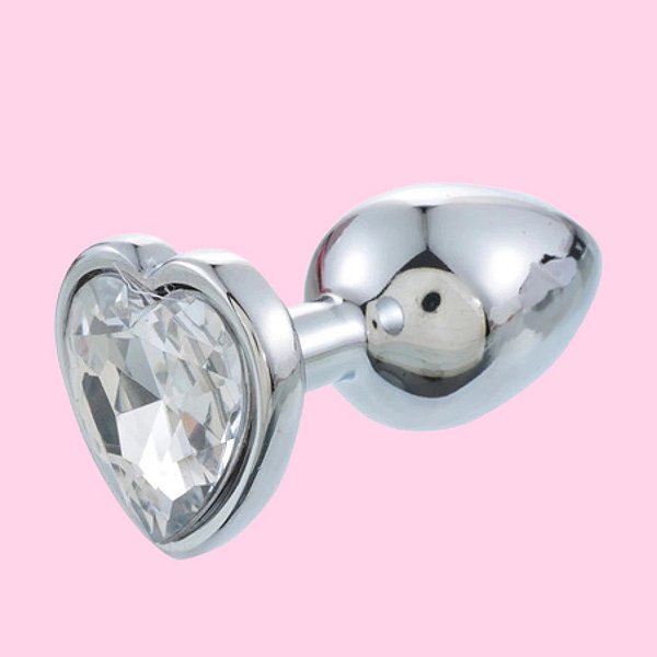 Plug Anal M Metal Cromado Coração Transparente