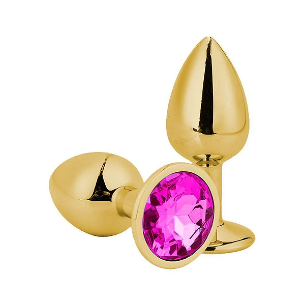 Plug Anal M Metal Dourado Pedra Rosa
