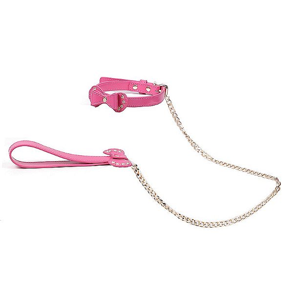 Fetich Explore Bondage Coleira Rosa Guia Corrente Metal Luxo