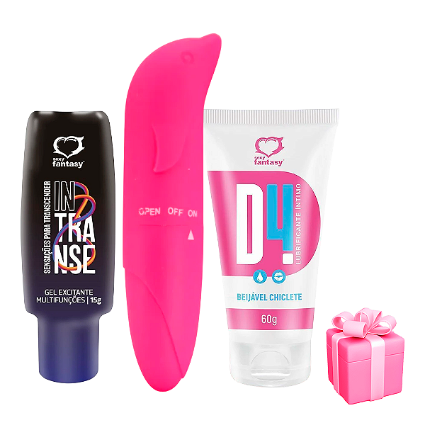 Kit Sentidos com Golfinho Ponto G + Lubrificante Chiclete + Gel Esfria & Vibra + Presente Surpresa – Explore