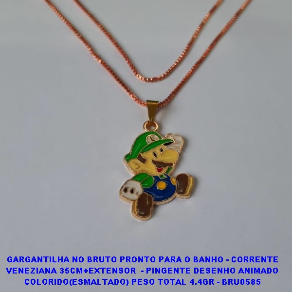 GARGANTILHA NO BRUTO PRONTO PARA O BANHO - CORRENTE VENEZIANA 35CM+EXTENSOR  - PINGENTE COM DESENHO ANIMADO COLORIDO(ESMALTADO) PESO TOTAL 4.4GR - BRU0585