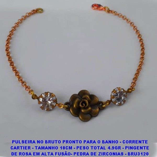 PULSEIRA NO BRUTO PRONTO PARA O BANHO - CORRENTE CARTIER - TAMANHO 18CM - PESO TOTAL 4.9GR - PINGENTE DE ROSA EM ALTA FUSÃO- PEDRA DE ZIRCONIAS - BRU3120