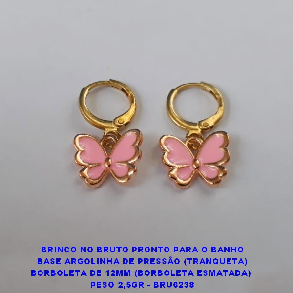 BRINCO NO BRUTO PRONTO PARA O BANHO BASE ARGOLINHA DE PRESSÃO (TRANQUETA) BORBOLETA DE 12MM (BORBOLETA ESMATADA)  PESO 2,5GR - BRU6238