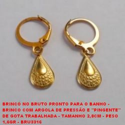 BRINCO NO BRUTO PRONTO PARA O BANHO -  BRINCO COM ARGOLA DE PRESSÃO E ''PINGENTE''  DE GOTA TRABALHADA - TAMANHO 2,8CM - PESO  1,6GR - BRU3316