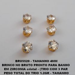 BRINCO NO BRUTO PRONTO PARA BANHO  EM ZIRCONIA cristal - (TRIO COM 3 PAR  PESO TOTAL DO TRIO 1.2GR - TAMANHO (OS 3 DO MESMO TAMANHO) 4MM -  BRU5520