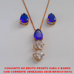 CONJUNTO NO BRUTO PRONTO PARA O BANHO COM CORRENTE VENEZIANA 45CM BRINCO10X14 E PINGENTE 10X10 COM BASE EM ALTA FUSÃO COM ZIRCONIAS COLORIDAS - PESO TOTAL 10,5GR BRU2493