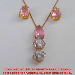 CONJUNTO NO BRUTO PRONTO PARA O BANHO COM CORRENTE VENEZIANA 45CM BRINCO10X14 E PINGENTE 10X10 COM BASE EM ALTA FUSÃO COM ZIRCONIAS COLORIDAS - PESO TOTAL 10,5GR BRU2863