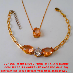 CONJUNTO NO BRUTO PRONTO PARA O BANH0  COM PULSEIRA CORRENTE CADEADO (M-0188)  (gargantilha com corrente veneziana 45cm)11,8GR -  COM BASE EM ALTA FUSÃO - E ZIRCONIAS COLORIDA BRU1801