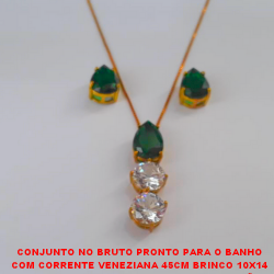 CONJUNTO NO BRUTO PRONTO PARA O BANHO COM CORRENTE VENEZIANA 45CM BRINCO10X14 E PINGENTE 10X10 COM BASE EM ALTA FUSÃO COM ZIRCONIAS COLORIDAS - PESO TOTAL 10,5GR BRU2741