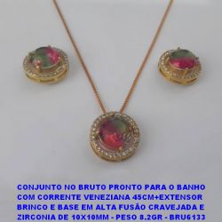CONJUNTO NO BRUTO PRONTO PARA O BANHO COM CORRENTE VENEZIANA 45CM+EXTENSOR BRINCO E BASE EM ALTA FUSÃO CRAVEJADA E  ZIRCONIA DE 10X10MM - PESO 8.2GR - BRU6133