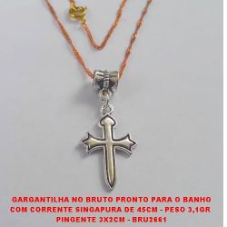 GARGANTILHA NO BRUTO PRONTO PARA O BANHO COM CORRENTE SINGAPURA DE 45CM - PESO 3,1GR  PINGENTE 3X2CM - BRU2661