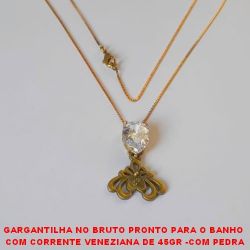 GARGANTILHA NO BRUTO PRONTO PARA O BANHO  COM CORRENTE VENEZIANA DE 45GR -COM PEDRA 10X14MM - COM PEDRA DE ZIRCONIA E BASE EM ALTA FUSÃO - PINGENTE DE FLOR - PESO 5,8GR - BRU648