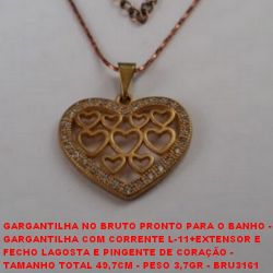 GARGANTILHA NO BRUTO PRONTO PARA O BANHO -  GARGANTILHA COM CORRENTE L-11+EXTENSOR E  FECHO LAGOSTA E PINGENTE DE CORAÇÃO -  TAMANHO TOTAL 49,7CM - PESO 3,7GR - BRU3161