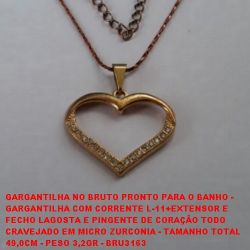 GARGANTILHA NO BRUTO PRONTO PARA O BANHO -  GARGANTILHA COM CORRENTE L-11+EXTENSOR E  FECHO LAGOSTA E PINGENTE DE CORAÇÃO TODO CRAVEJADO EM MICRO ZURCONIA - TAMANHO TOTAL  49,0CM - PESO 3,2GR - BRU3163