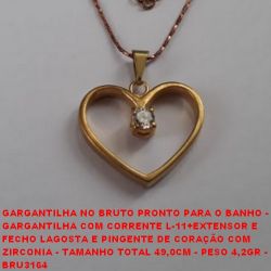 GARGANTILHA NO BRUTO PRONTO PARA O BANHO -  GARGANTILHA COM CORRENTE L-11+EXTENSOR E  FECHO LAGOSTA E PINGENTE DE CORAÇÃO COM ZIRCONIA - TAMANHO TOTAL 49,0CM - PESO 4,2GR -  BRU3164