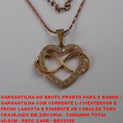 GARGANTILHA NO BRUTO PRONTO PARA O BANHO -  GARGANTILHA COM CORRENTE L-11+EXTENSOR E  FECHO LAGOSTA E PINGENTE DE CORAÇÃO TODO CRAVEJADO EM ZIRCONIA - TAMANHO TOTAL  49,0CM - PESO 3,4GR - BRU3158