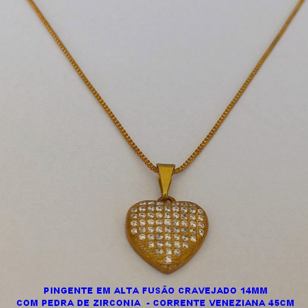 GARGANTILHA NO BRUTO PRONTO PARA O BANHO(CX104)-  GARGANTILHA COM CORRENTE VENEZIANA E  PINGENTE DE CORAÇÃO CRAVEJADO COM ZIRCONIA -  TAMANHO 45,0CM - PESO 3,2GR - BRU3279