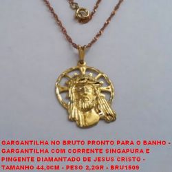 GARGANTILHA NO BRUTO PRONTO PARA O BANHO -  GARGANTILHA COM CORRENTE SINGAPURA E  PINGENTE DIAMANTADO DE JESUS CRISTO -  TAMANHO 44,0CM - PESO 2,2GR - BRU1509