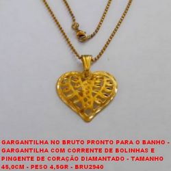 GARGANTILHA NO BRUTO PRONTO PARA O BANHO -  GARGANTILHA COM CORRENTE DE BOLINHAS E  PINGENTE DE CORAÇÃO DIAMANTADO - TAMANHO  45,0CM - PESO 4,5GR - BRU2940